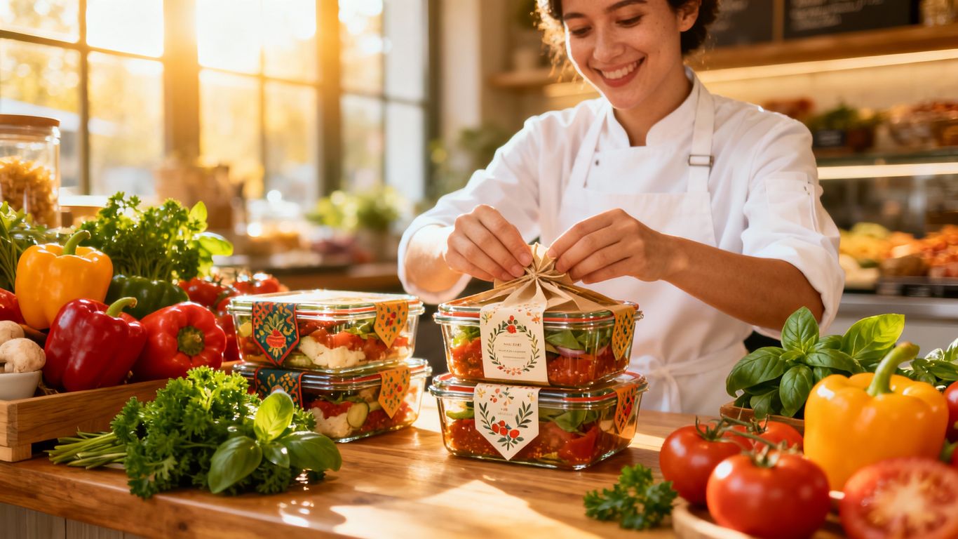 Homemade food being packaged in a UK kitchen.