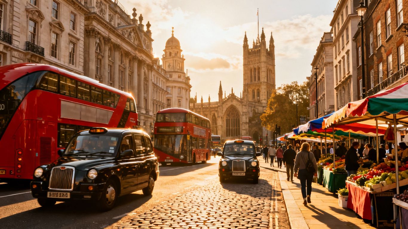 Westminster street scene with buses and market stalls.