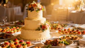 Elegant wedding reception table with gourmet food and cake.