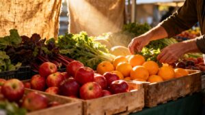 Colourful market stall with fresh fruit and vegetables.