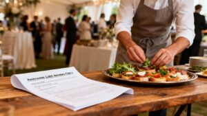 Catering business owner with insurance document.