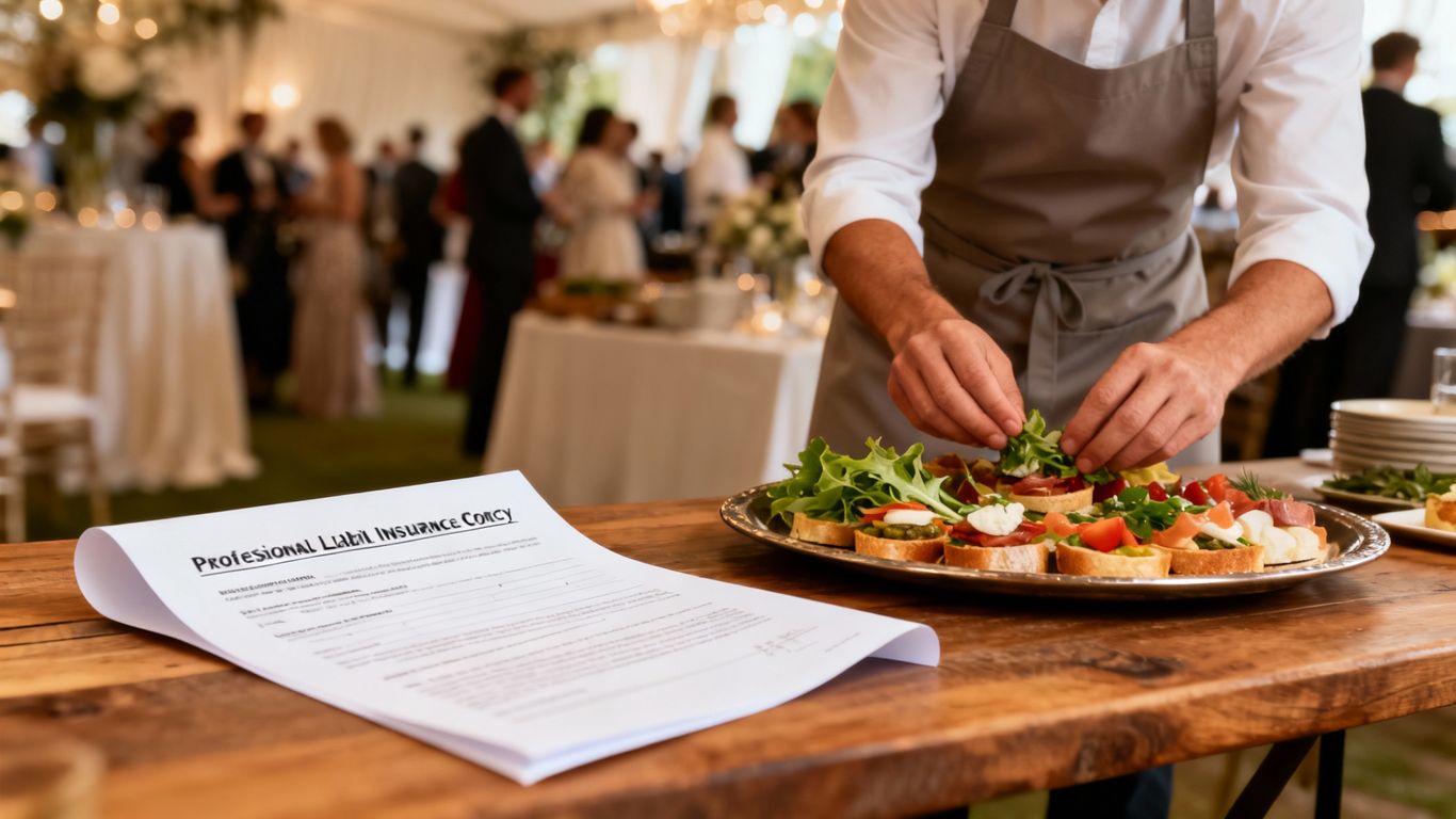 Catering business owner with insurance document.