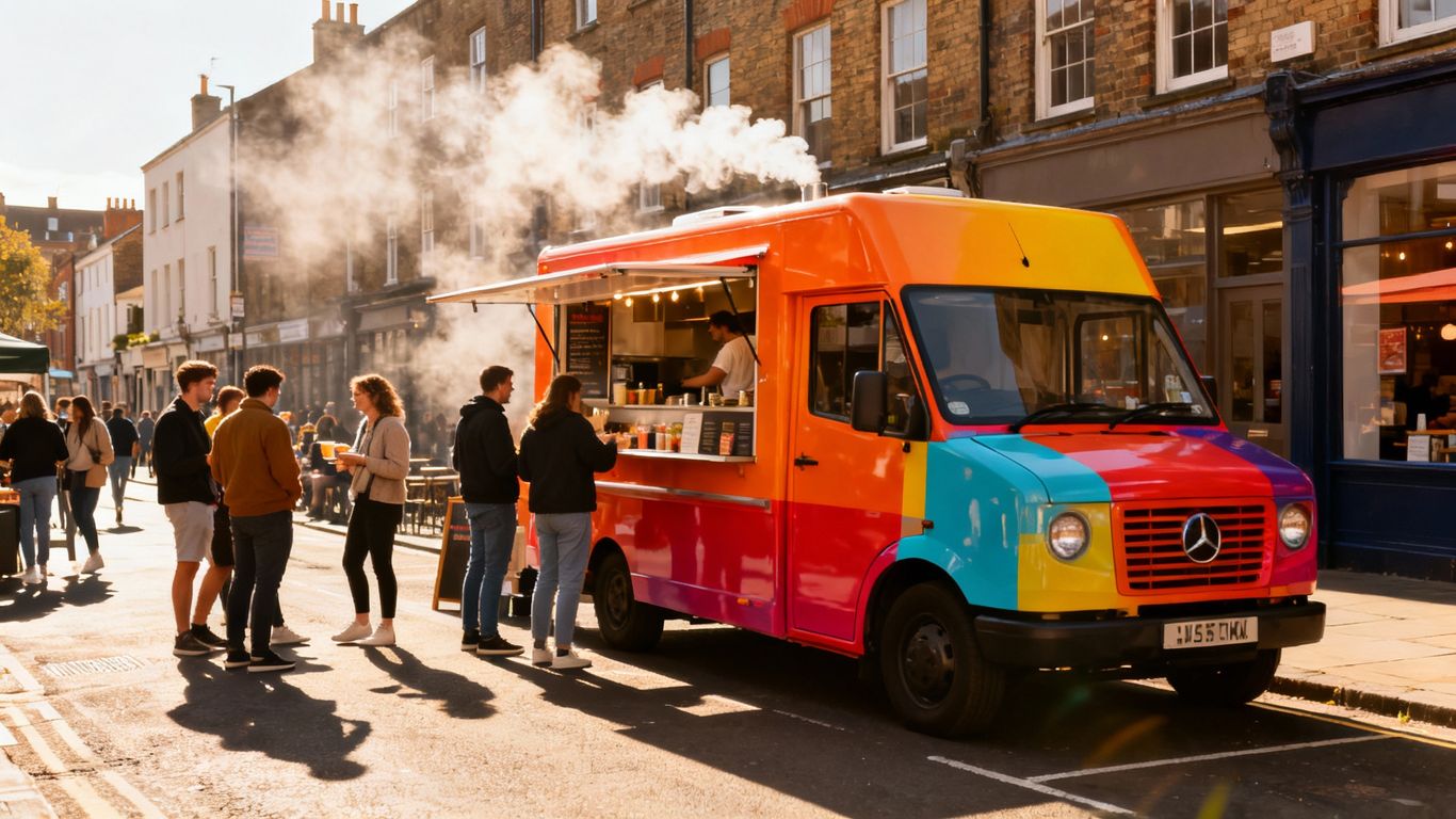 Food van on a UK street serving customers.