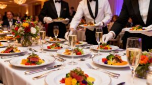 Catering business setup with food and staff.