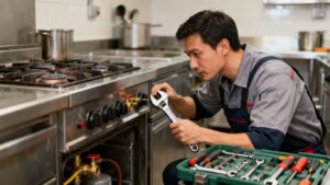 Gas engineer fixing a commercial kitchen stove.