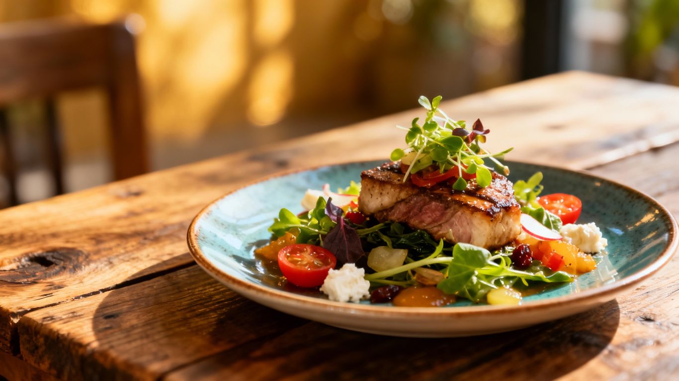 Gourmet food dish on a wooden table.