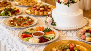 Wedding food spread with cake and appetizers.