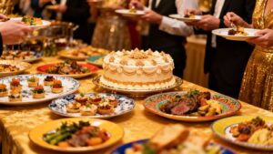 Elegant catering spread with food and guests.