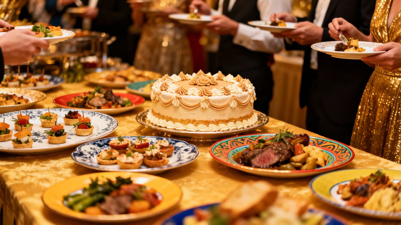 Elegant catering spread with food and guests.