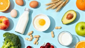 Various common food allergens and healthy foods.