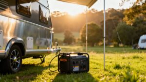 Caravan with a portable generator at a campsite.