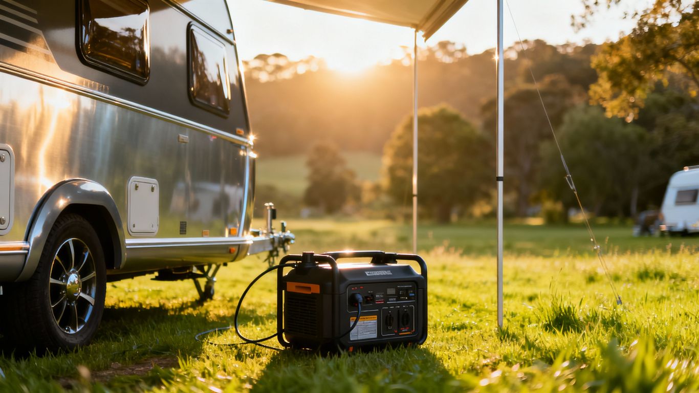 Caravan with a portable generator at a campsite.