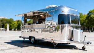 Modern clean food trailer parked in a city square