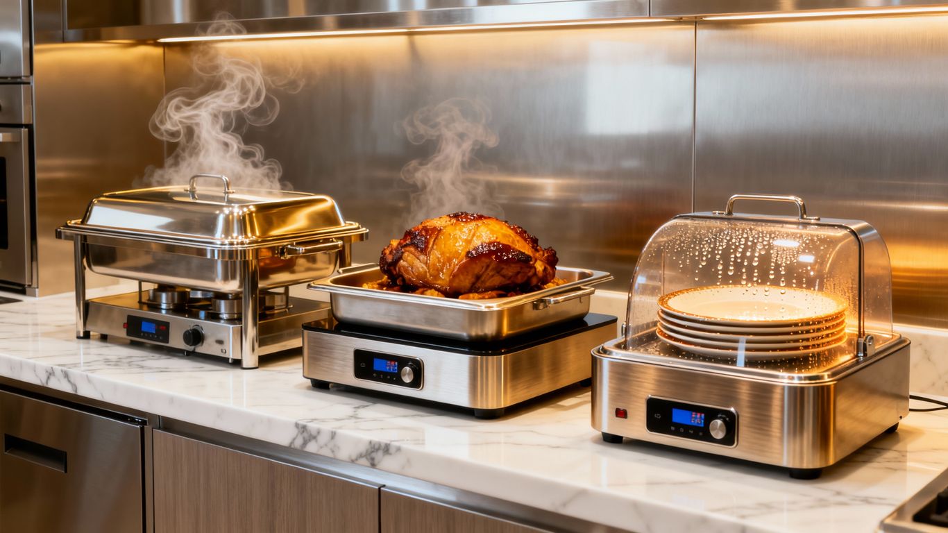 Various food warmers on a kitchen counter.