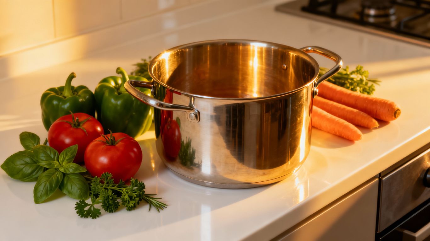 Shiny stock pot with fresh vegetables on a kitchen counter.