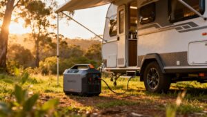 Caravan with generator in scenic outdoor setting.