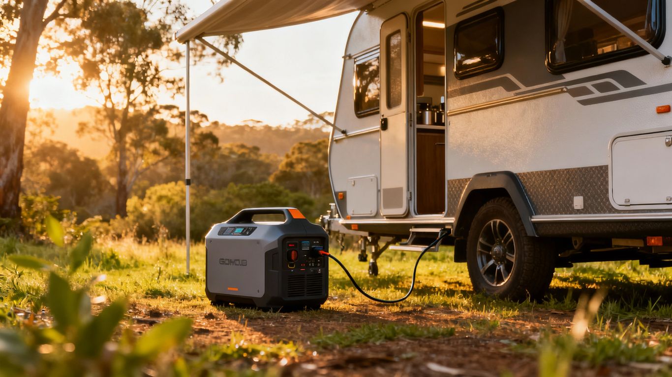 Caravan with generator in scenic outdoor setting.