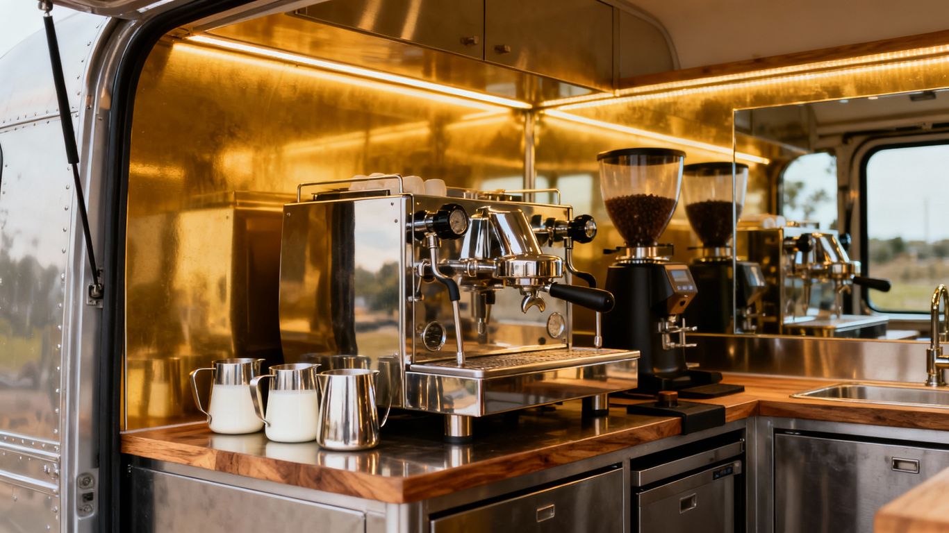 A professional coffee van interior with espresso machines.