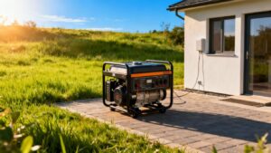 Portable generator outside a modern house.