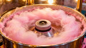 Commercial candy floss machine making pink candy floss.