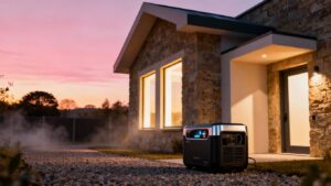 Home backup generator outside a UK house.