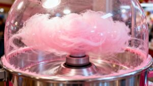Candy floss machine spinning pink candy floss.
