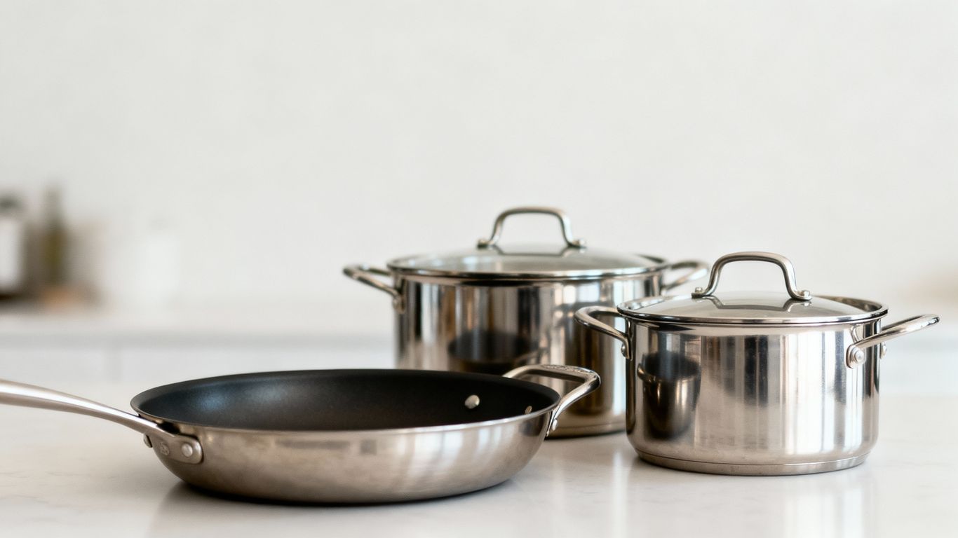 Assortment of essential commercial kitchen pans.