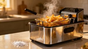 Table top fryer with crispy chips on a kitchen counter.