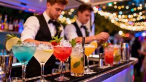 Mobile bar serving colourful cocktails at a UK celebration.