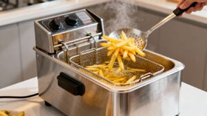 Tabletop deep fryer cooking golden french fries.