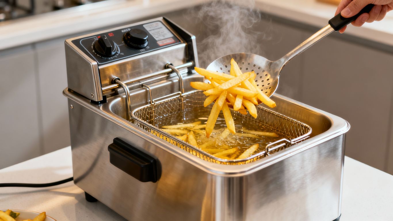 Tabletop deep fryer cooking golden french fries.