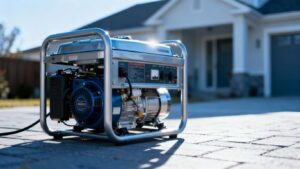 Petrol electric generator outside a house.