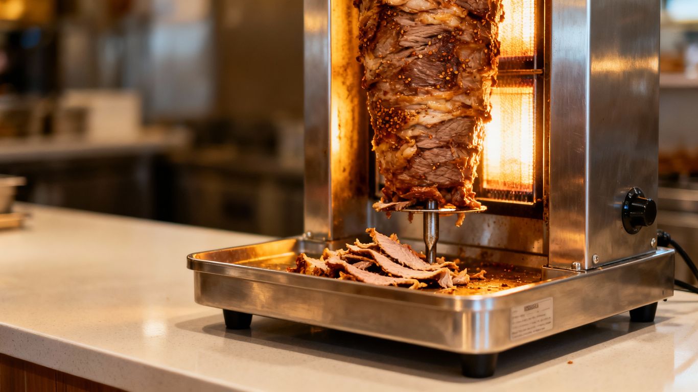 Shiny doner kebab machine with rotating meat skewer.