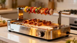 Shiny kebab machine with meat skewers on a kitchen counter.