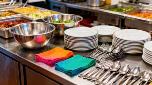Catering supplies laid out on a kitchen counter.