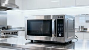 Commercial microwave oven in a UK kitchen.