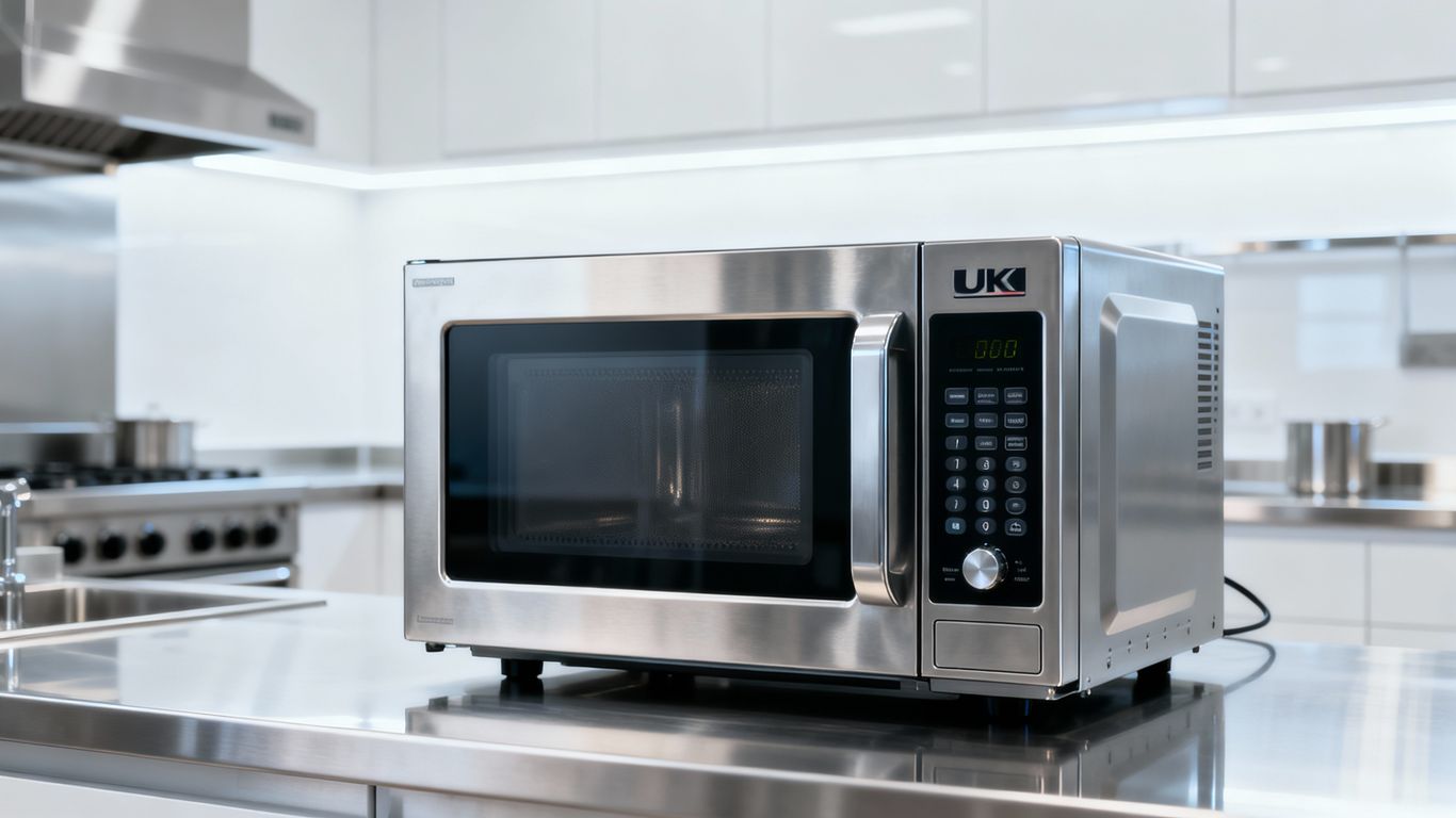 Commercial microwave oven in a UK kitchen.