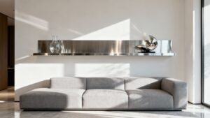 Stainless steel wall shelf in a modern living room.