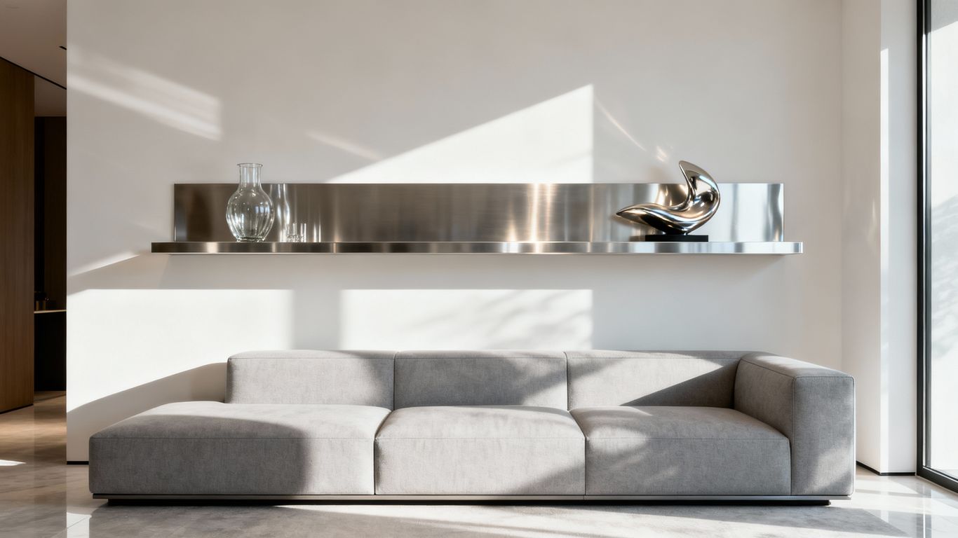 Stainless steel wall shelf in a modern living room.
