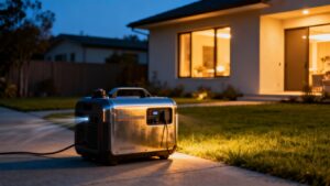Home generator powering a house during a blackout.
