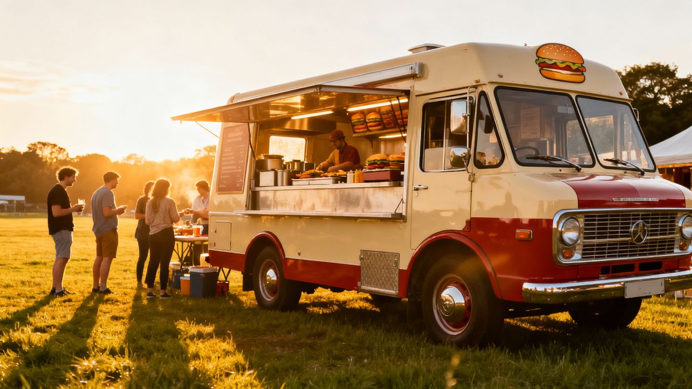 Burger van selling food in a field.