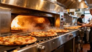Conveyor pizza oven in a busy UK pizzeria kitchen.