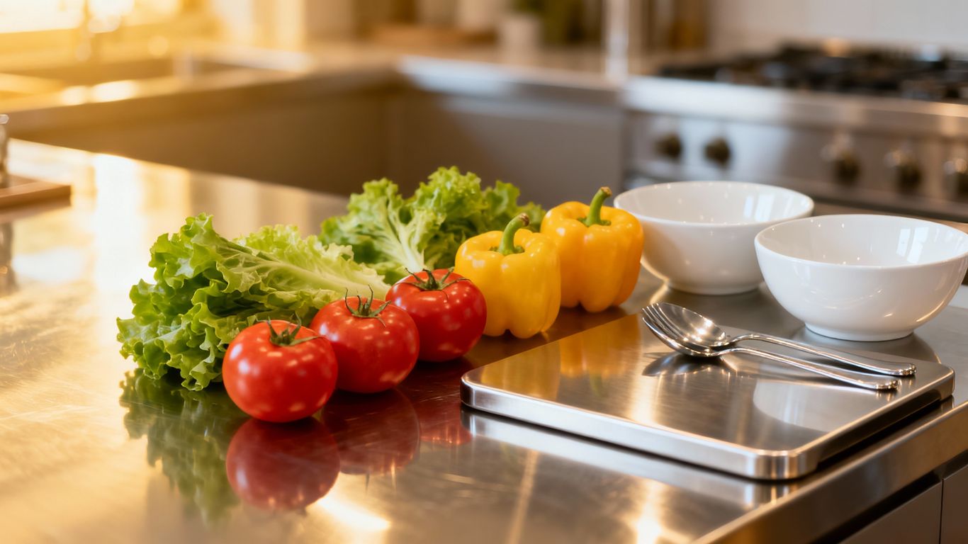 Clean catering kitchen with fresh ingredients and utensils.