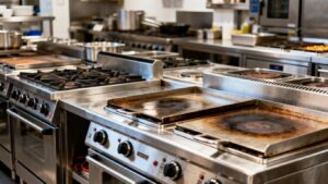 Commercial hot plates in a modern kitchen setting.