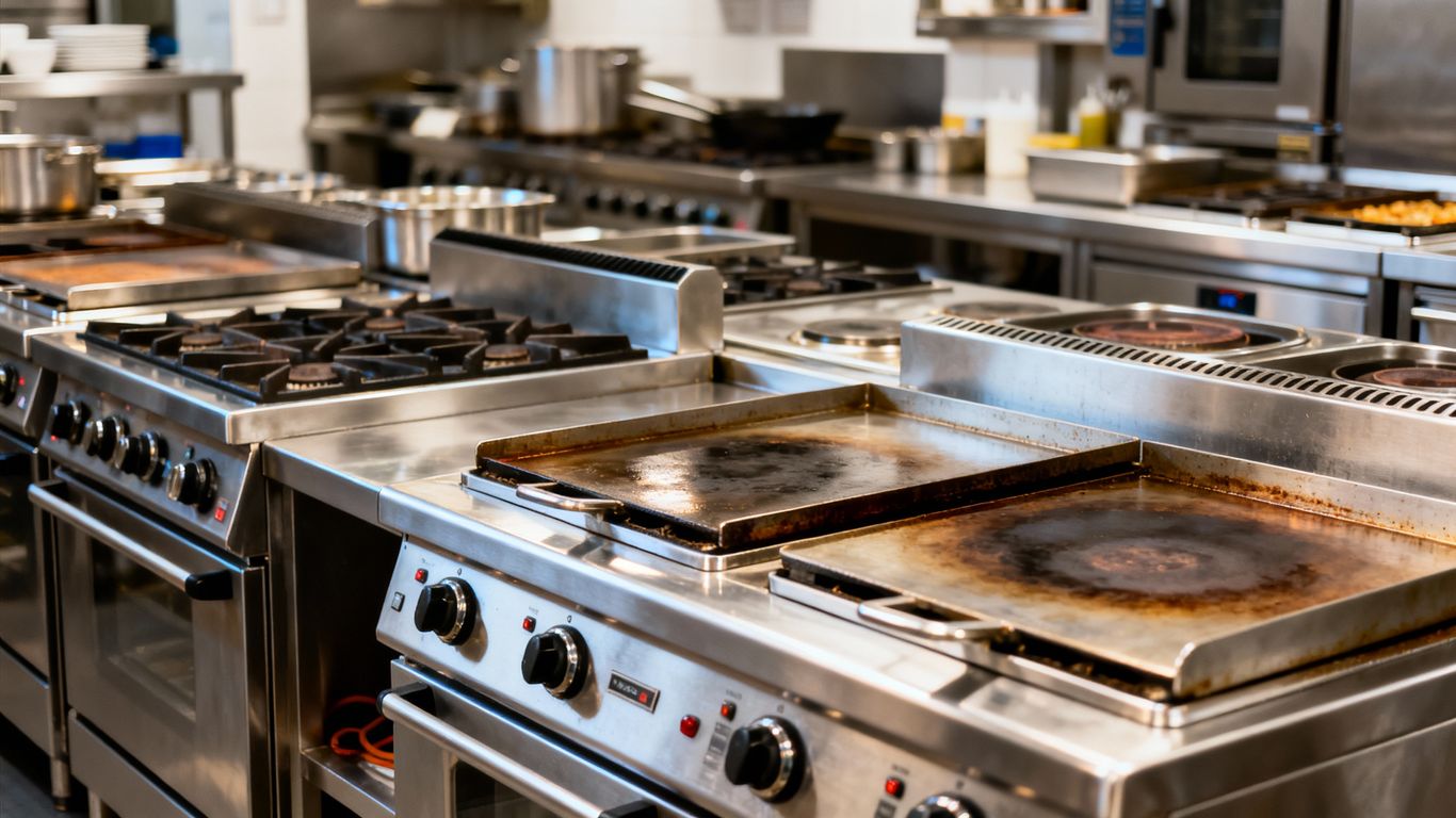 Commercial hot plates in a modern kitchen setting.