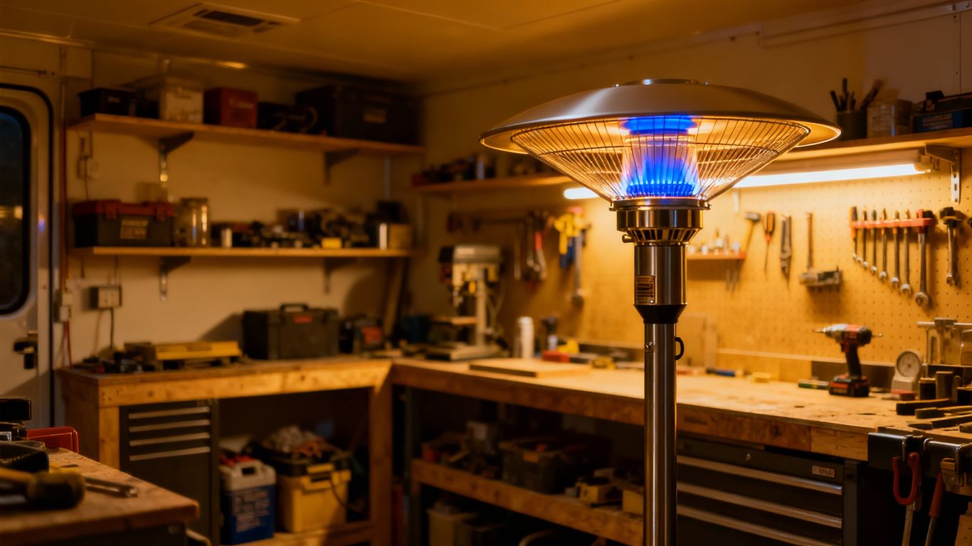 Propane heater warming a workshop space.