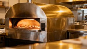 Professional pizza oven in a restaurant kitchen.