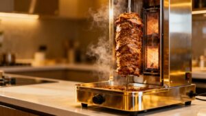 Modern doner kebab machine with rotating meat skewer.