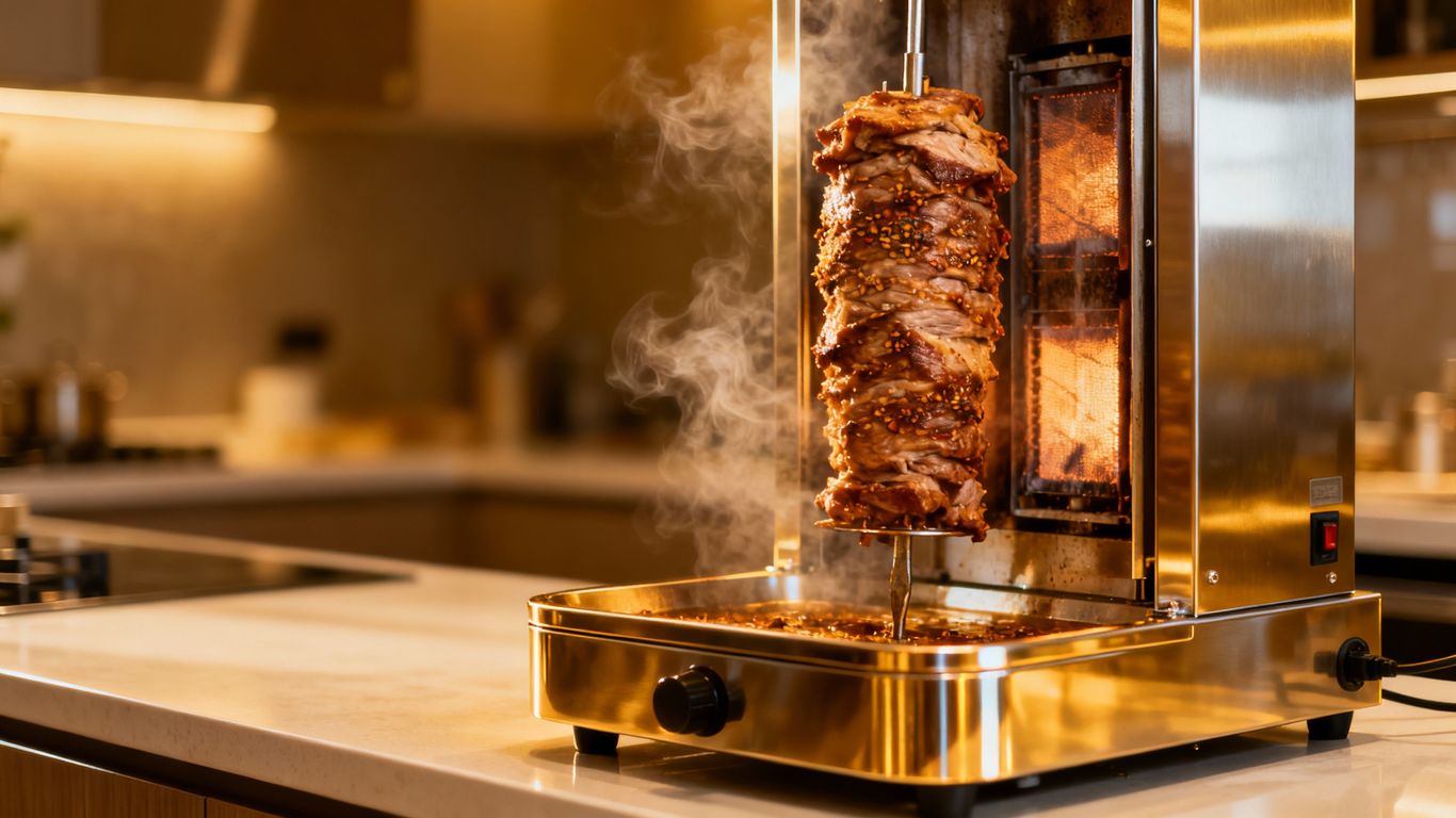 Modern doner kebab machine with rotating meat skewer.