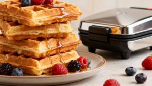 Golden waffles with syrup and berries, waffle machine.